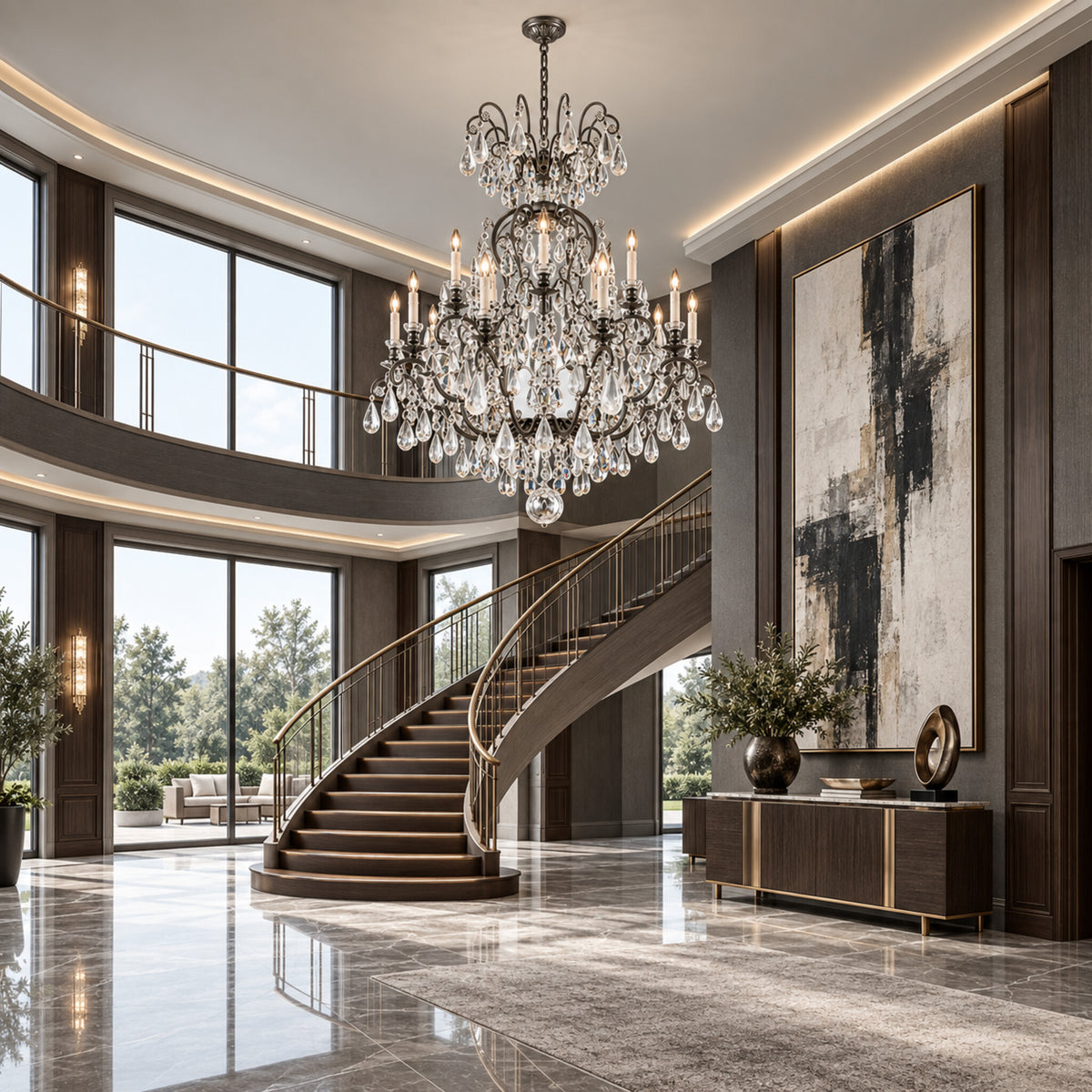 Renaissance Rock Crystal 15-light chandelier in antique pewter displayed in a limestone contemporary grand foyer