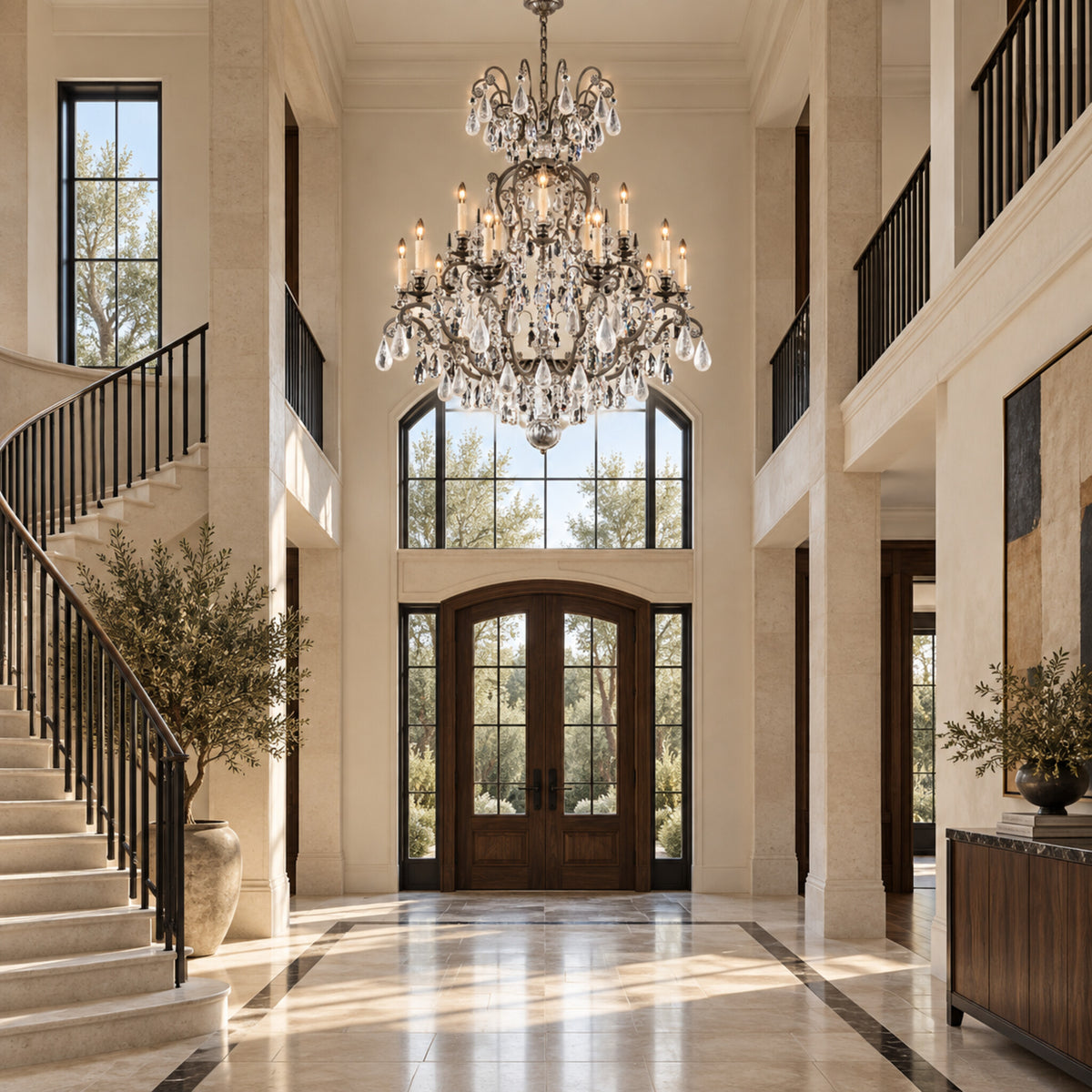 Renaissance Rock Crystal 15-light chandelier in antique pewter displayed in a walnut and limestone estate foyer