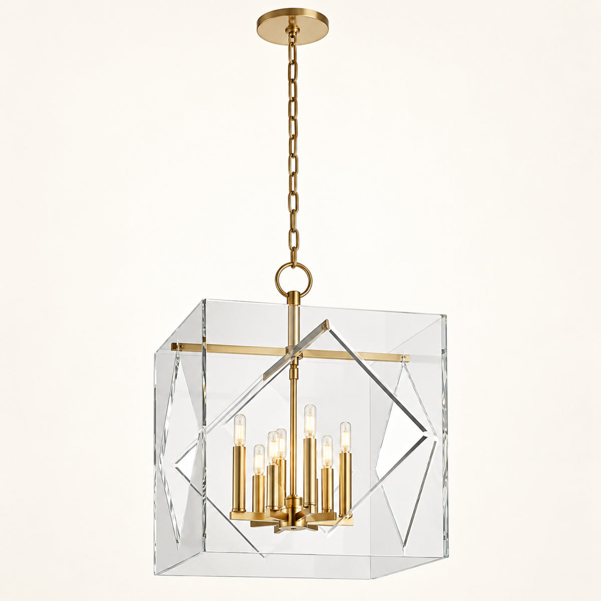 Travis 8-light foyer lantern in aged brass on a warm ivory background