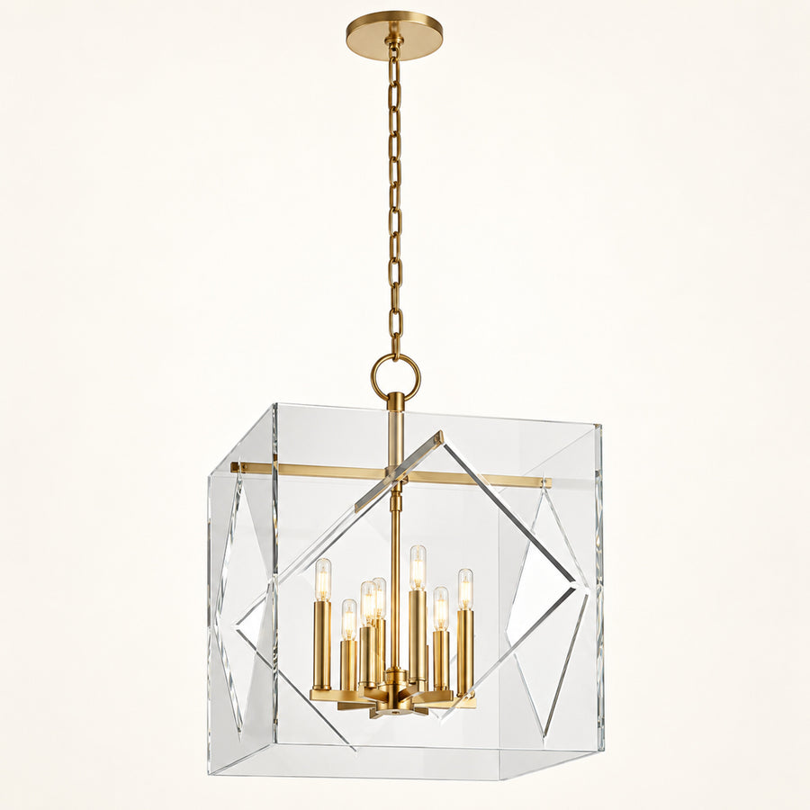 Travis 8-light foyer lantern in aged brass on a warm ivory background