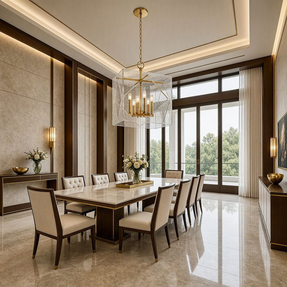 Travis 8-light foyer lantern in aged brass displayed in a refined neutral luxury dining room
