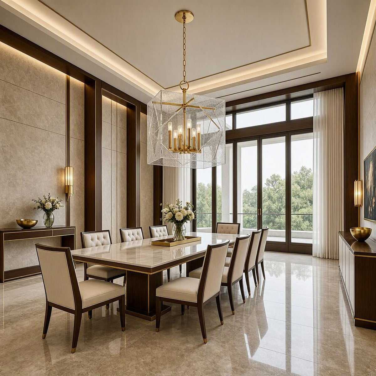 Travis 8-light foyer lantern in aged brass displayed in a refined neutral luxury dining room