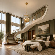 Travis 8-light foyer lantern in aged brass displayed in an olive and walnut transitional bedroom