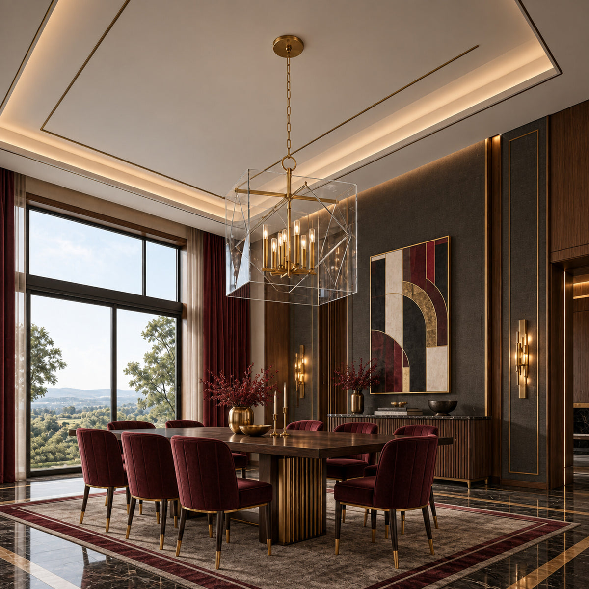 Travis 8-light foyer lantern in aged brass displayed in an oxblood and walnut Art Deco dining room