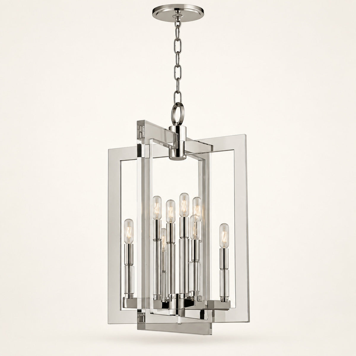 Wellington 8-light foyer lantern in polished nickel on a warm ivory background