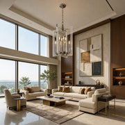Wellington 8-light foyer lantern in polished nickel displayed in a refined neutral luxury living room