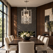 Wellington 8-light foyer lantern in polished nickel displayed in a dark-walnut contemporary dining room