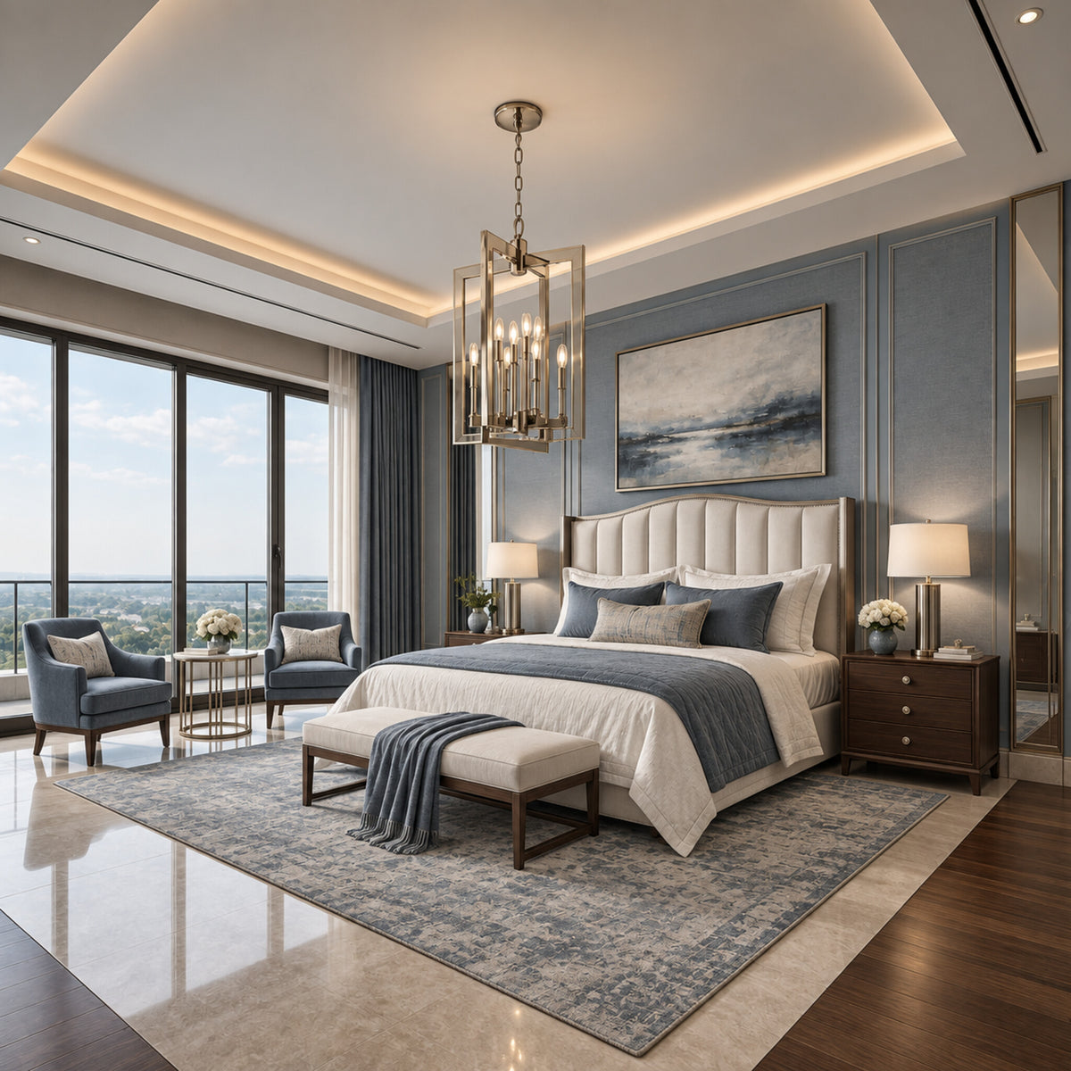 Wellington 8-light foyer lantern in polished nickel displayed in a slate-blue transitional bedroom