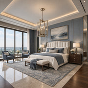 Wellington 8-light foyer lantern in polished nickel displayed in a slate-blue transitional bedroom