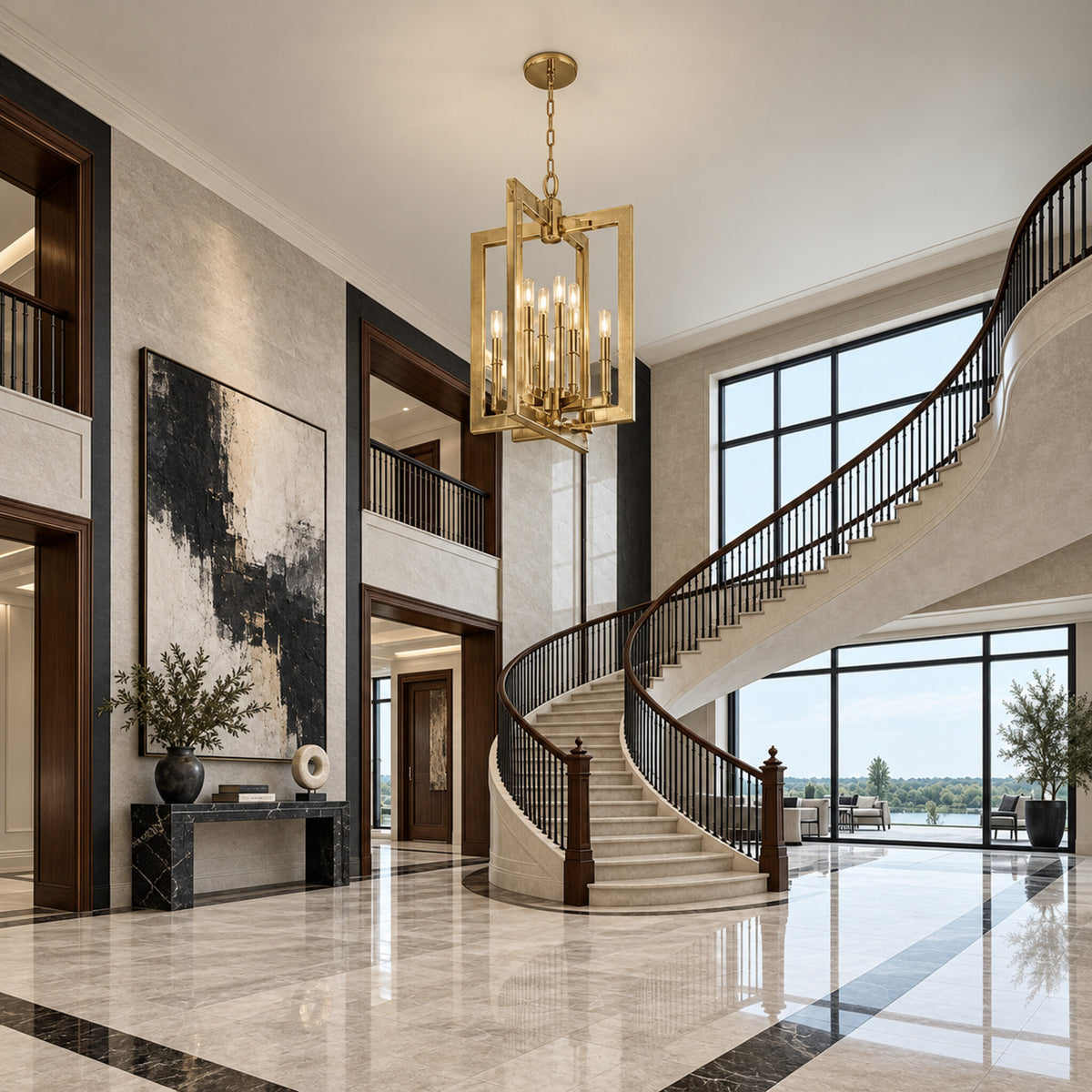 Wellington 8-light foyer lantern in polished nickel displayed in a limestone and blackened-steel grand foyer